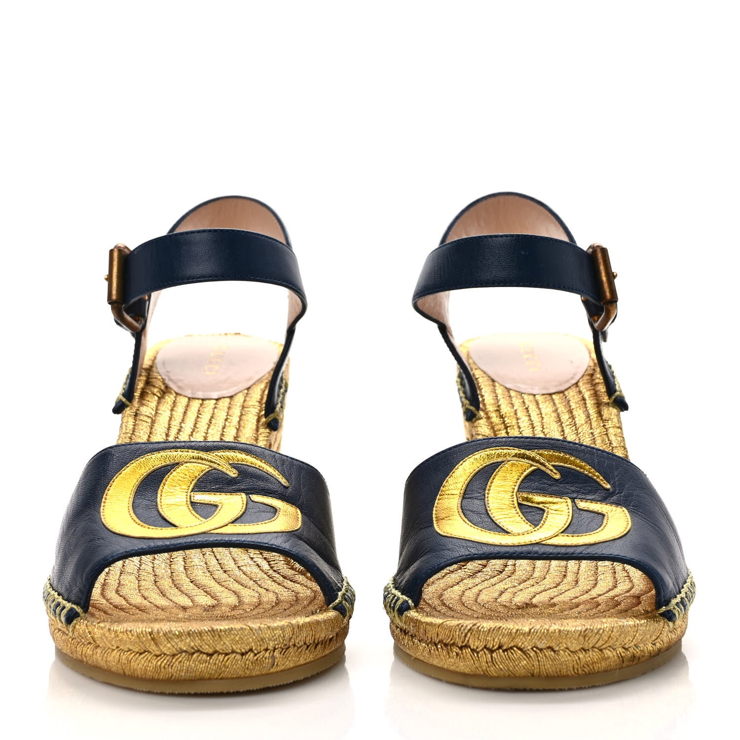 Gucci Calfskin Espadrille Platform 95 Wedge Sandals 38 Blu Agata Oro Vecchi 2 of 9