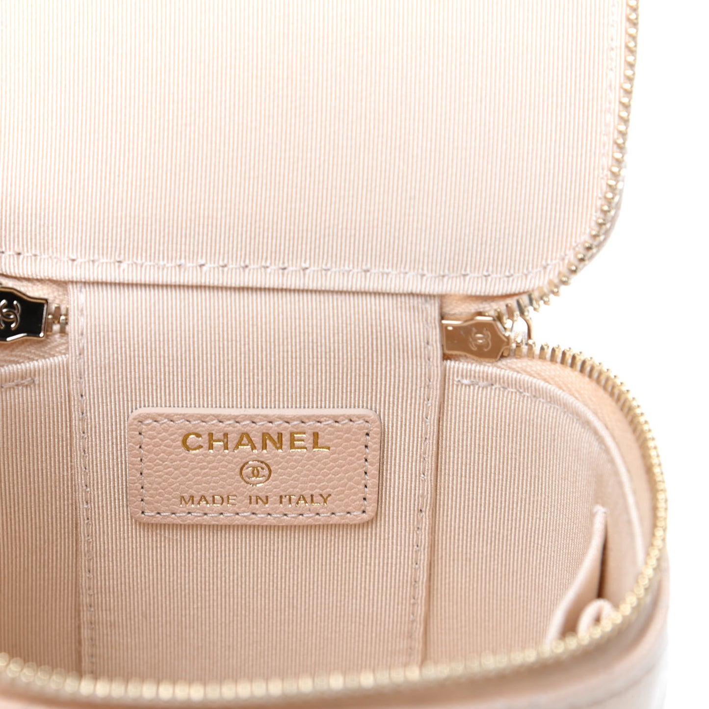 Iridescent Caviar Quilted Mini Pearl On Top Vanity Case With Chain Beige