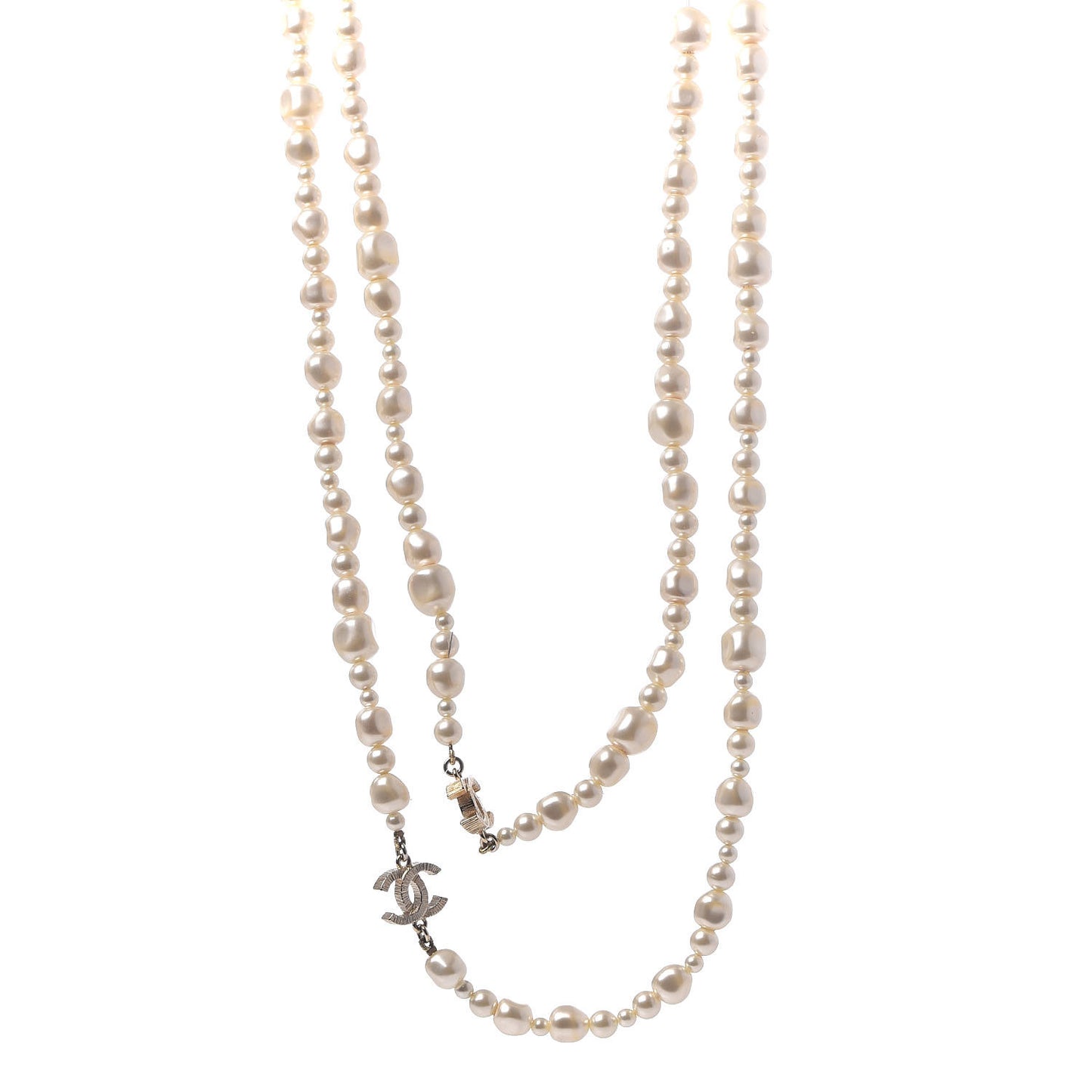 Graduated Pearl CC Long Necklace Light Gold