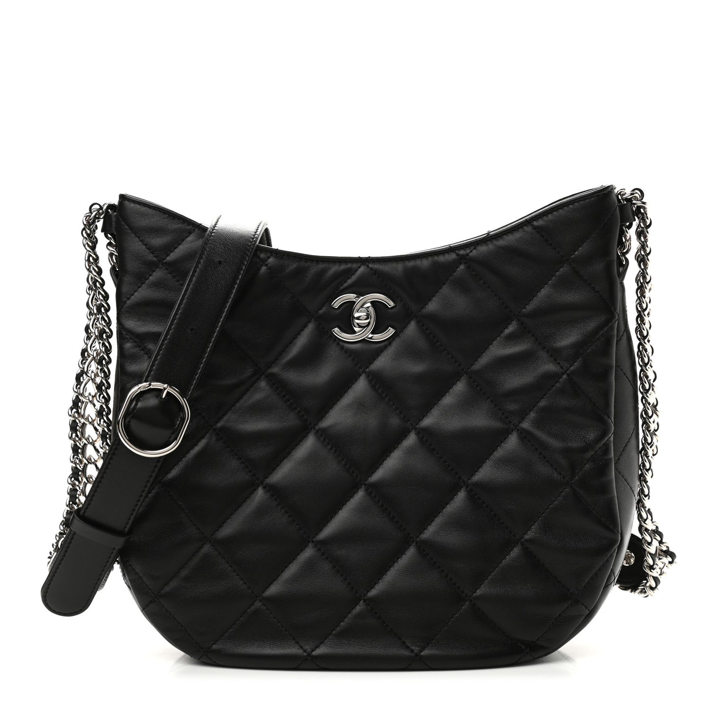 Lambskin Chain Rows Quilted Chain Hobo Black