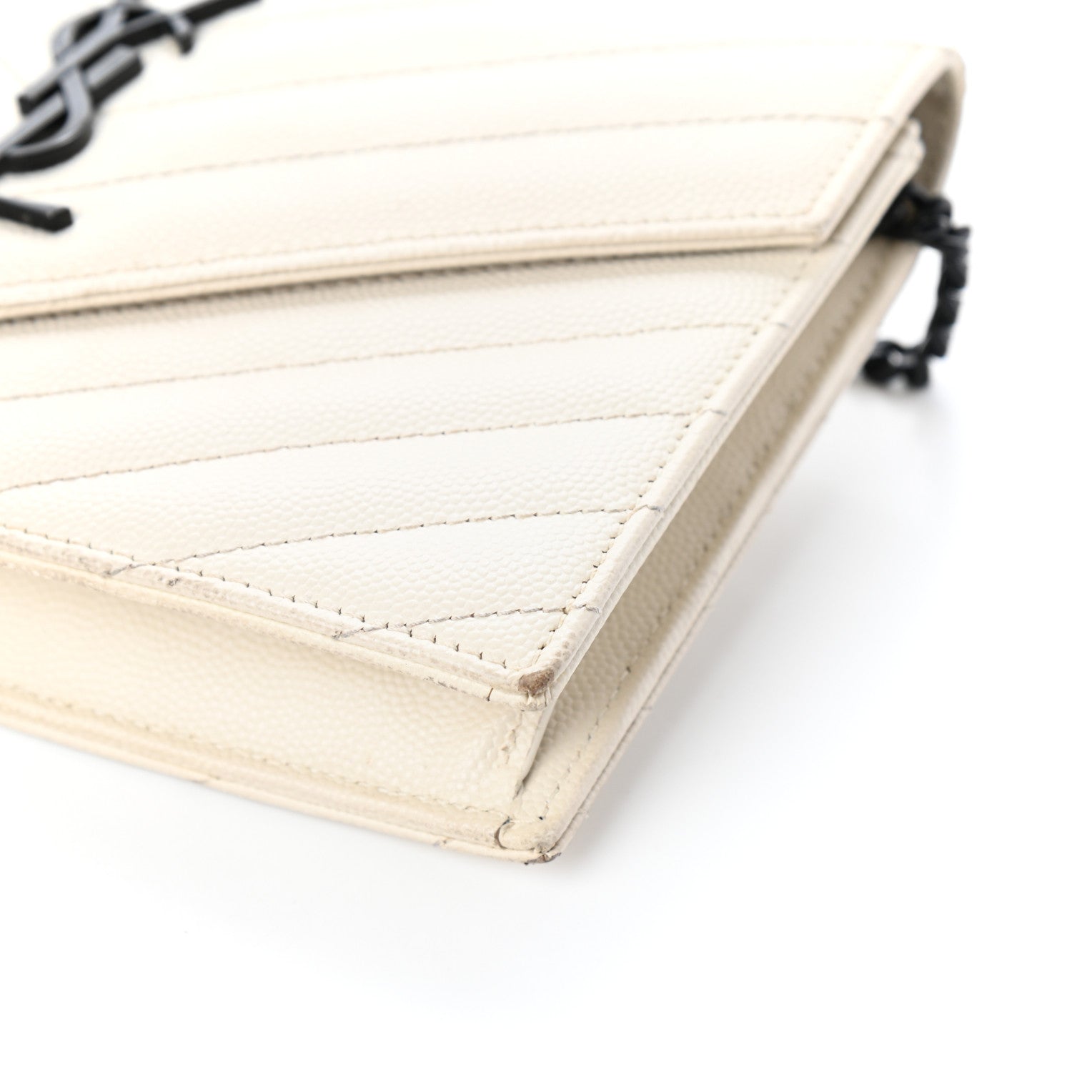 Saint Laurent Grain De Poudre Matelasse Chevron Monogram Envelope Chain Wallet Dove White 9 of 9