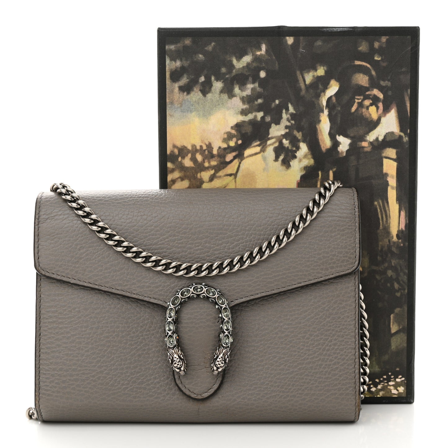 Dollar Calfskin Crystal Mini Dionysus Chain Wallet Dusty Grey Black Diamond
