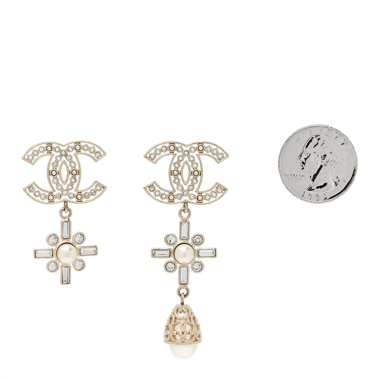 Metal Pearl Crystal CC Twist Teardrop Drop Earrings Gold
