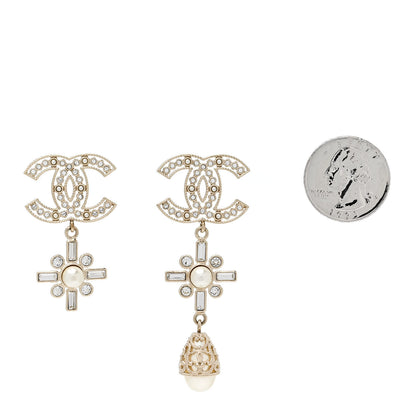 Chanel Metal Pearl Crystal CC Twist Teardrop Drop Earrings Gold 2 of 5