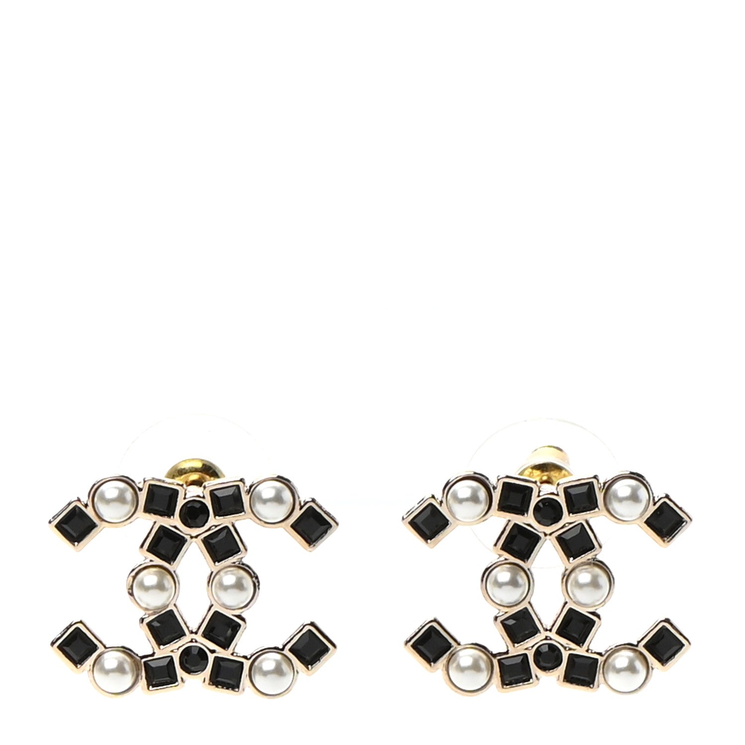 Chanel Pearl Crystal CC Earrings Gold Black 1 of 4