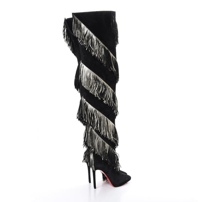 Christian Louboutin Veau Velours Lame Tweed Bolcheva 120 Thigh High Boots 36 Black Platine 4 of 7