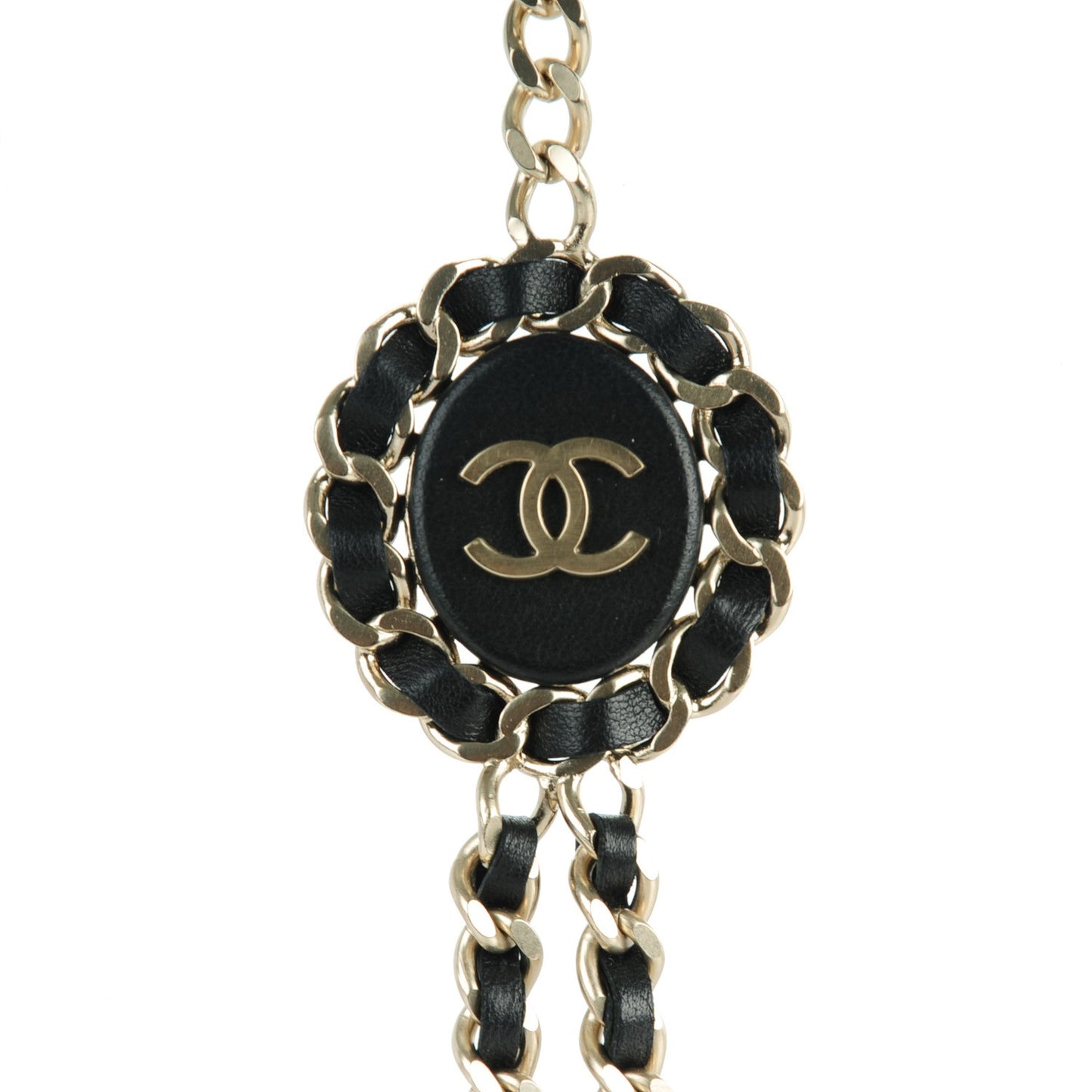 Lambskin CC Long Chain Necklace Black Gold