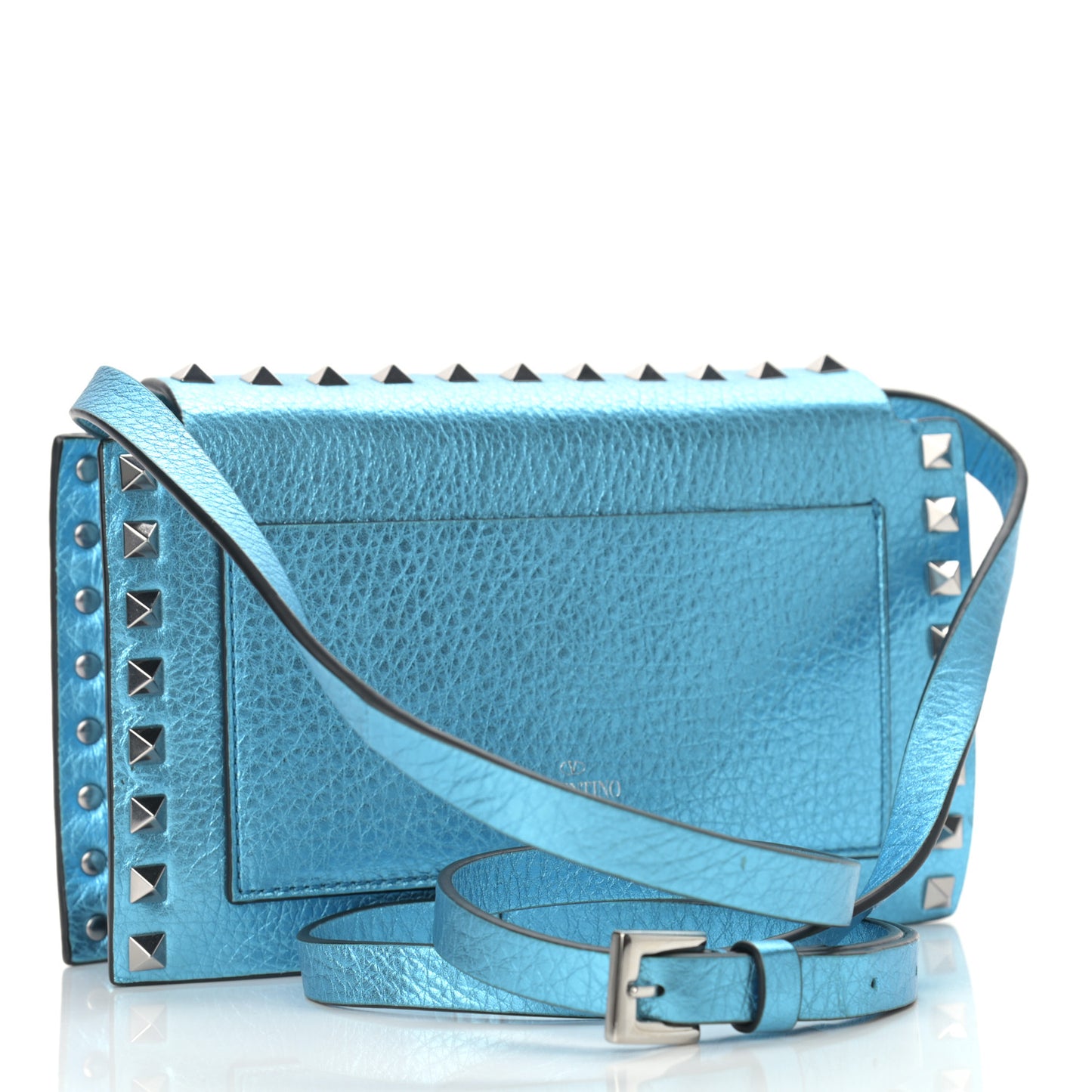 Metallic Pebbled Calfskin Small Rockstud Overlay Flap Shoulder Bag Cerulean