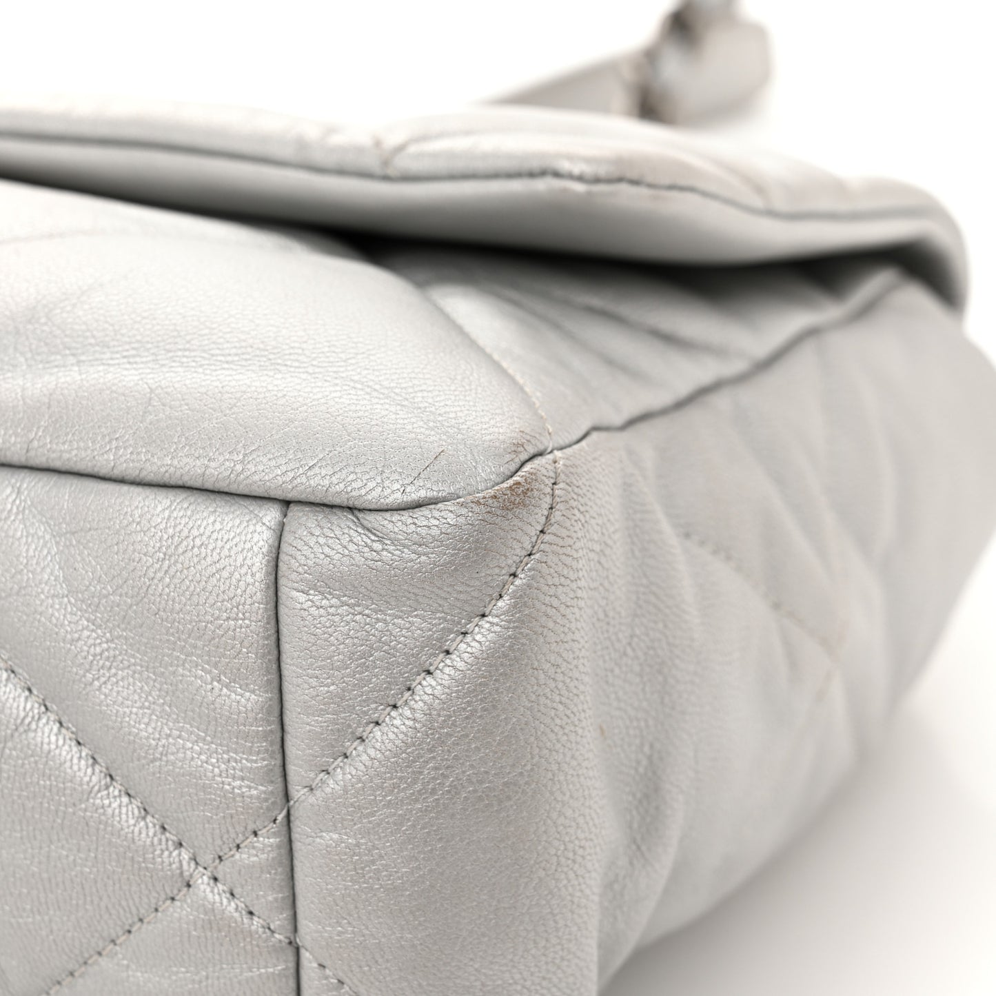 Metallic Goatskin Quilted Large Chanel 19 Flap Silver