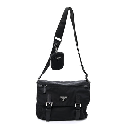 Prada Re-Nylon Vela Saffiano Pocket Double Buckle Messenger Shoulder Bag Black 1 of 11