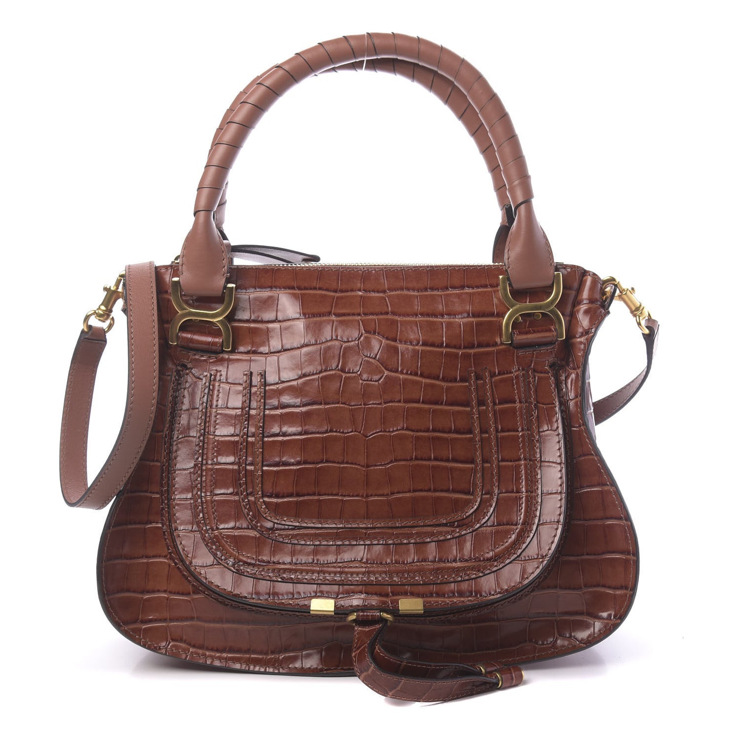 Calfskin Crocodile Embossed Medium Marcie Satchel Mahogany