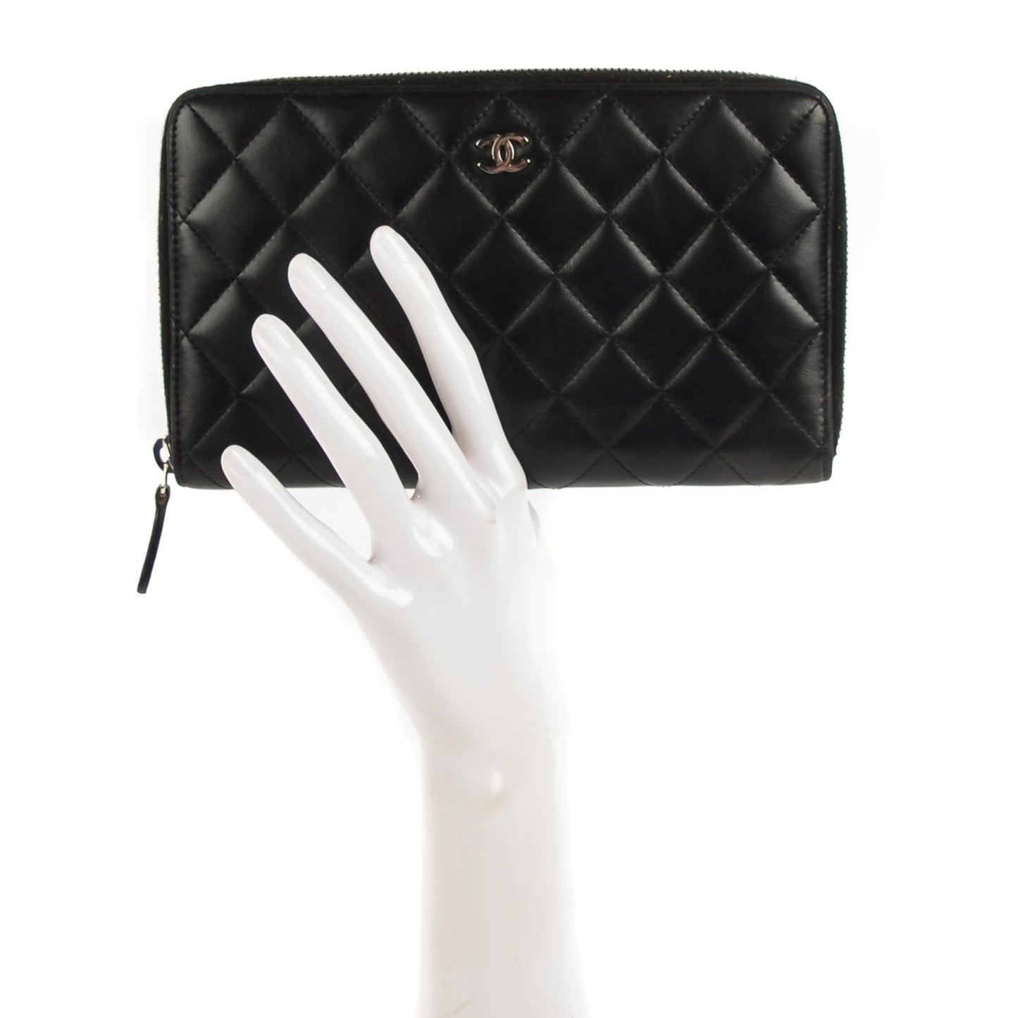 Lambskin Quilted Large Zip Around Organizer Wallet Black