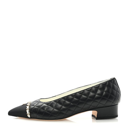 Chanel Lambskin Grosgrain Metal Quilted Chain Cap Toe CC Pumps 40 Black 1 of 9