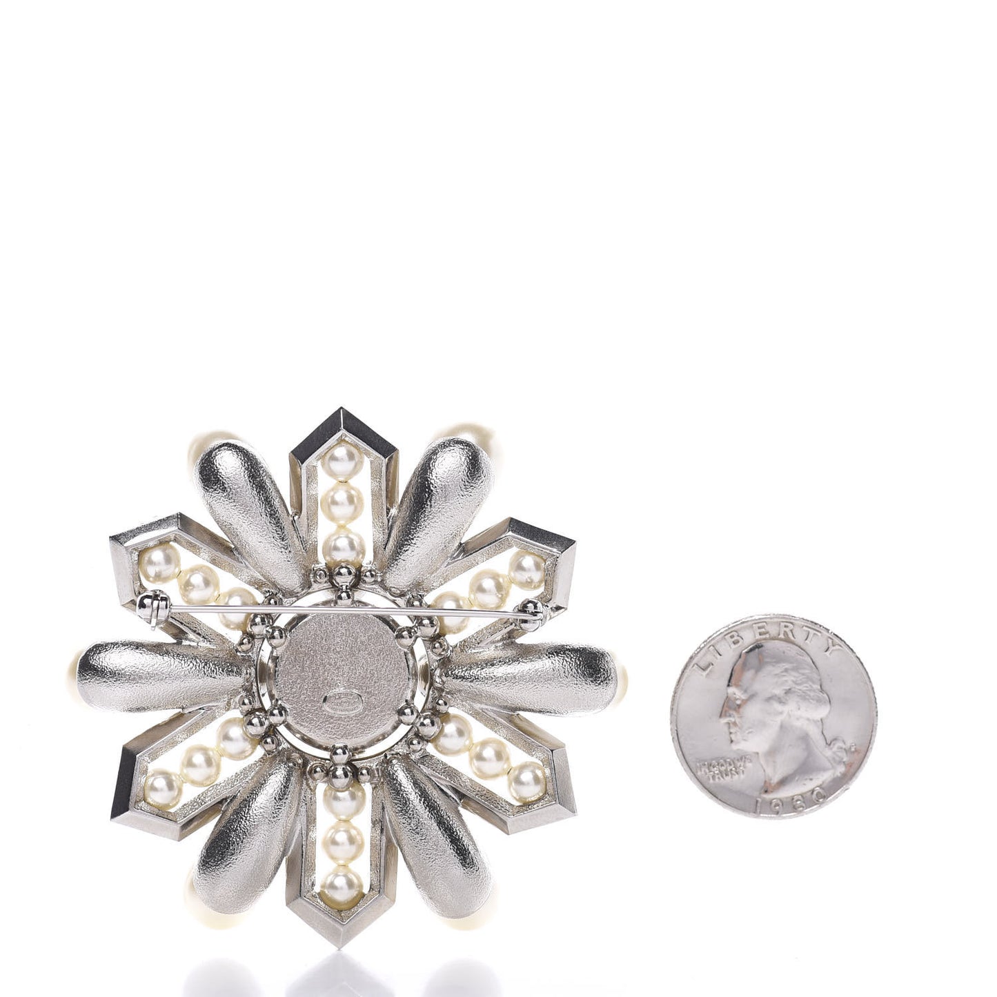 Pearl Crystal CC Snowflake Brooch Pearly White Silver