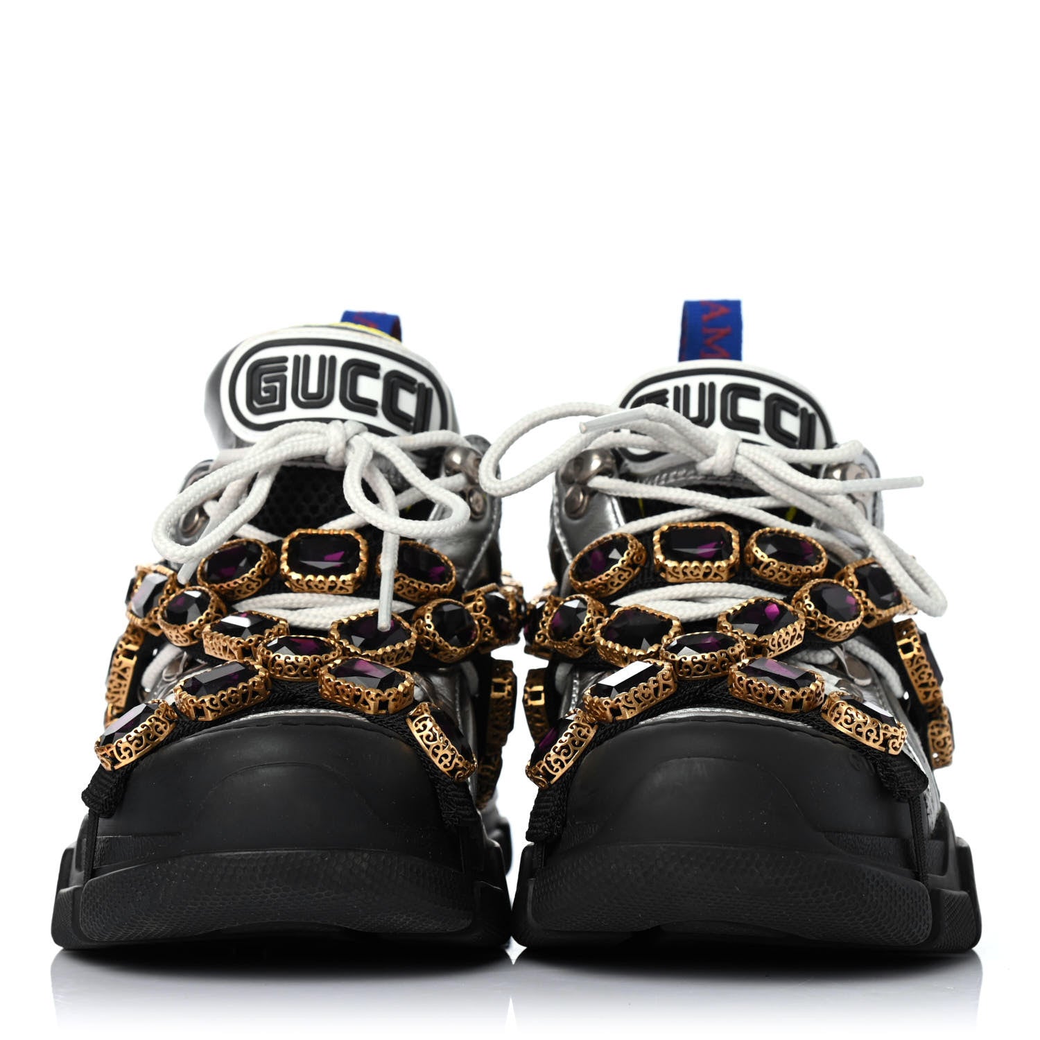 Gucci X SEGA Metallic Calfskin Mesh Removable Crystals Womens Flashtrek Sneakers 35 Silver Black 2 of 4