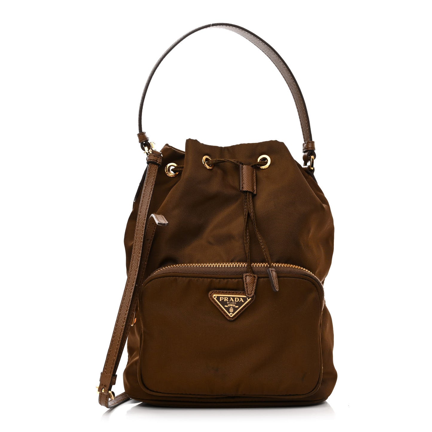Saffiano Tessuto Nylon Mini Bucket Crossbody Bag Cacao