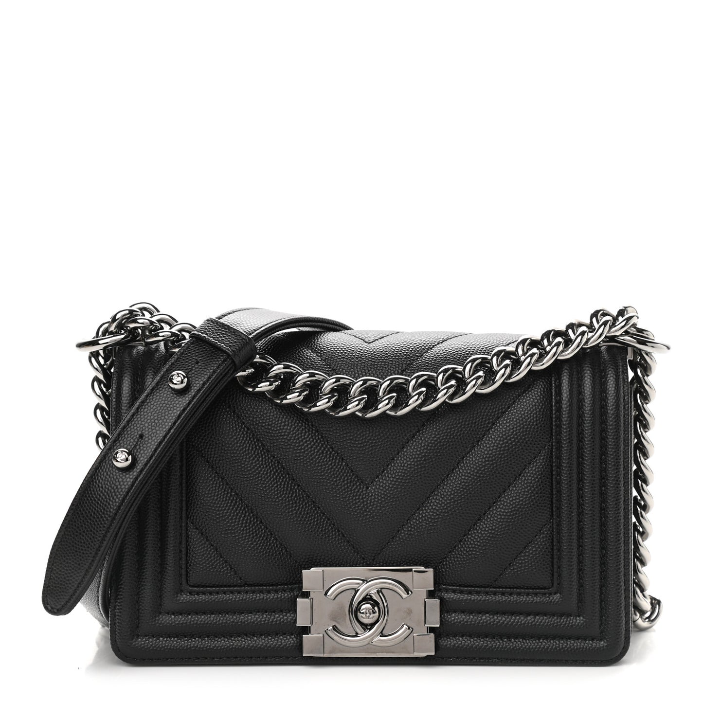 Caviar Chevron Quilted Small Boy Flap Black