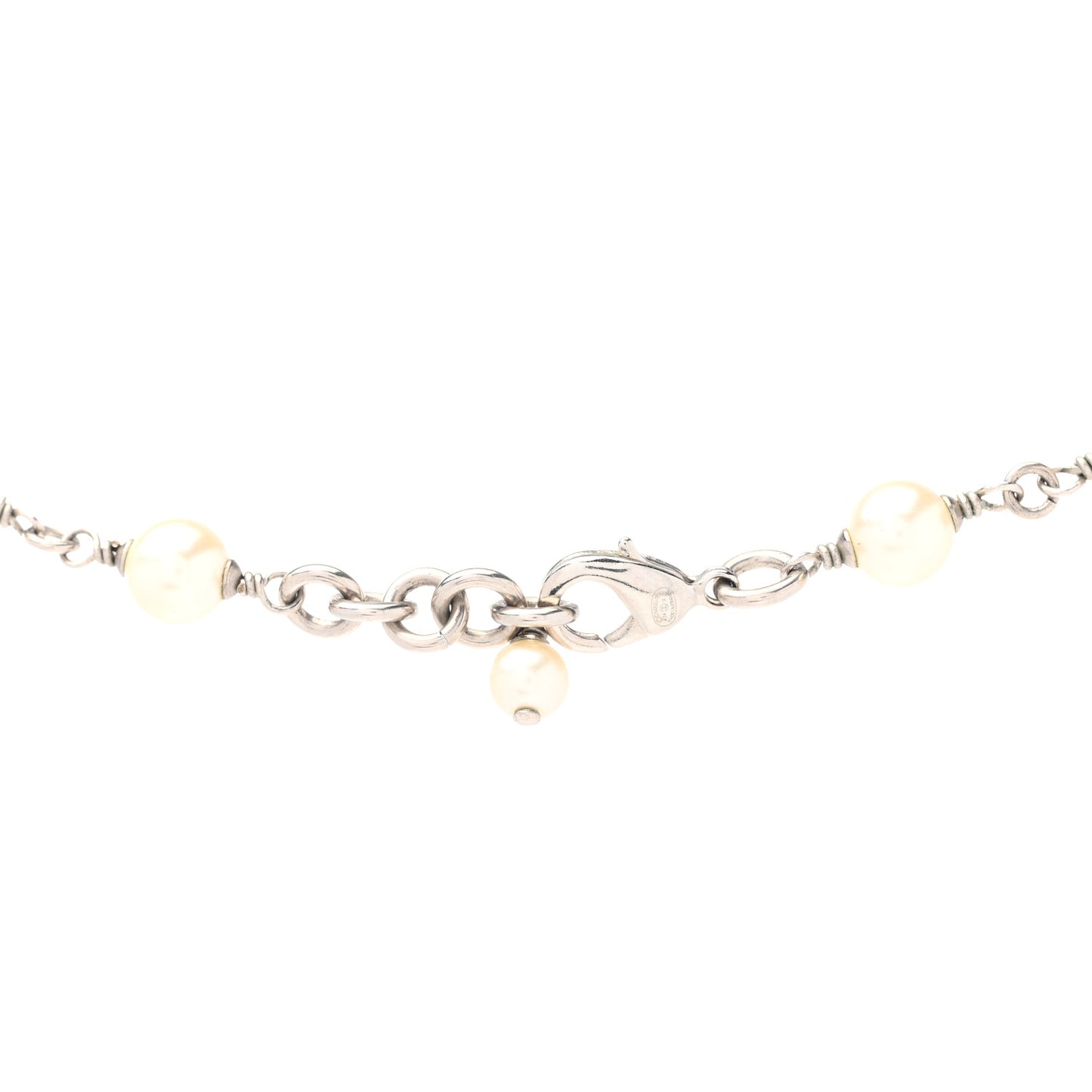 Graduated Pearl Crystal CC Long Necklace Silver