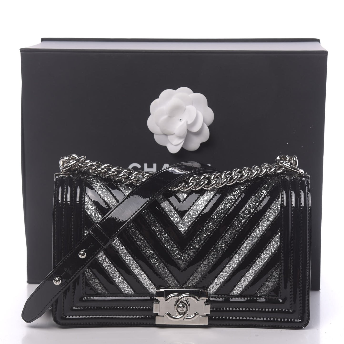 Patent Glitter PVC Chevron Quilted Medium Boy Flap Black Silver
