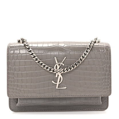 Saint Laurent Calfskin Crocodile Embossed Monogram Sunset Chain Wallet Grey 2 of 17