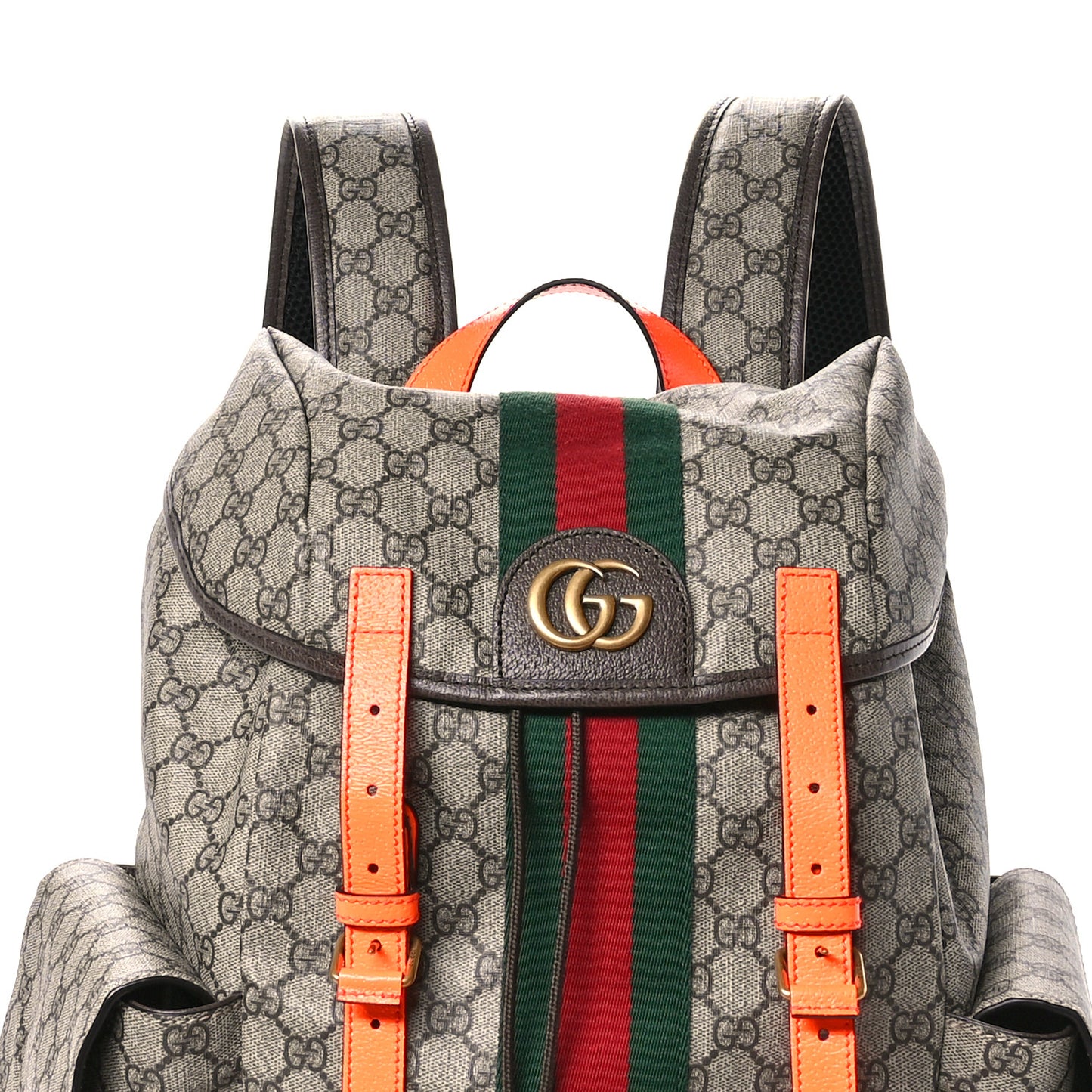 GG Supreme Monogram Medium Ophidia Double Buckle Backpack Beige Ebony Neon Orange