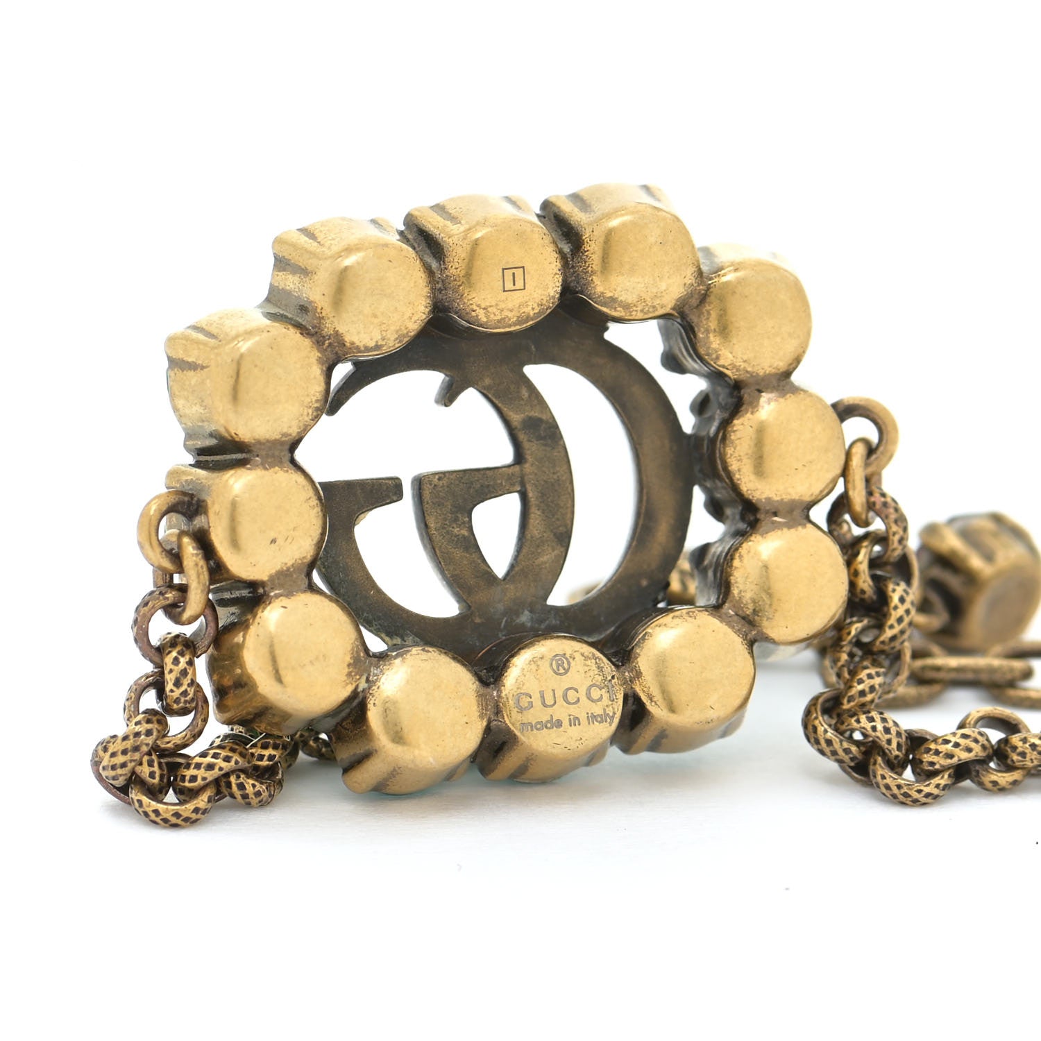 Gucci Oxidized Metal Crystal Double G Bracelet Aged Gold Green 4 of 5
