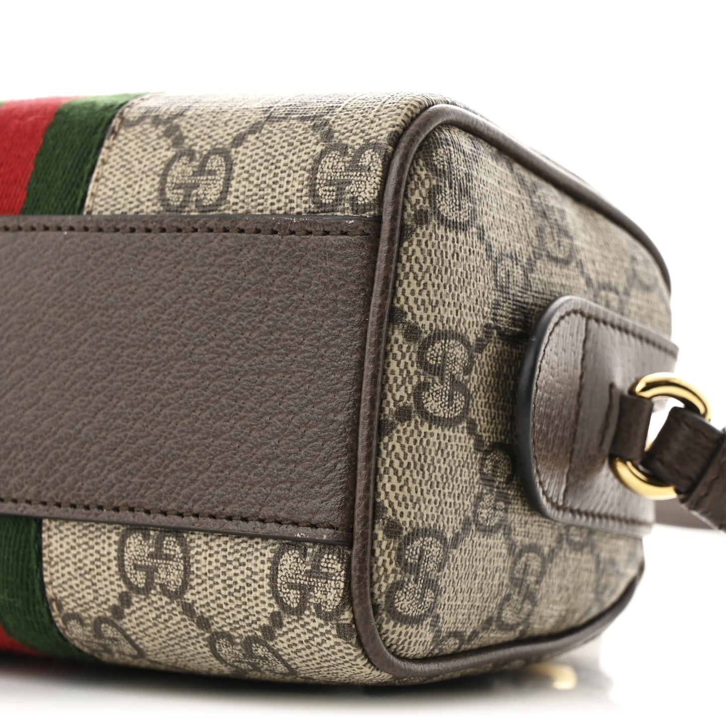 GG Supreme Monogram Textured Dollar Calfskin Web Super Mini Ophidia Top Handle Bowler Bag Beige Ebony New Acero