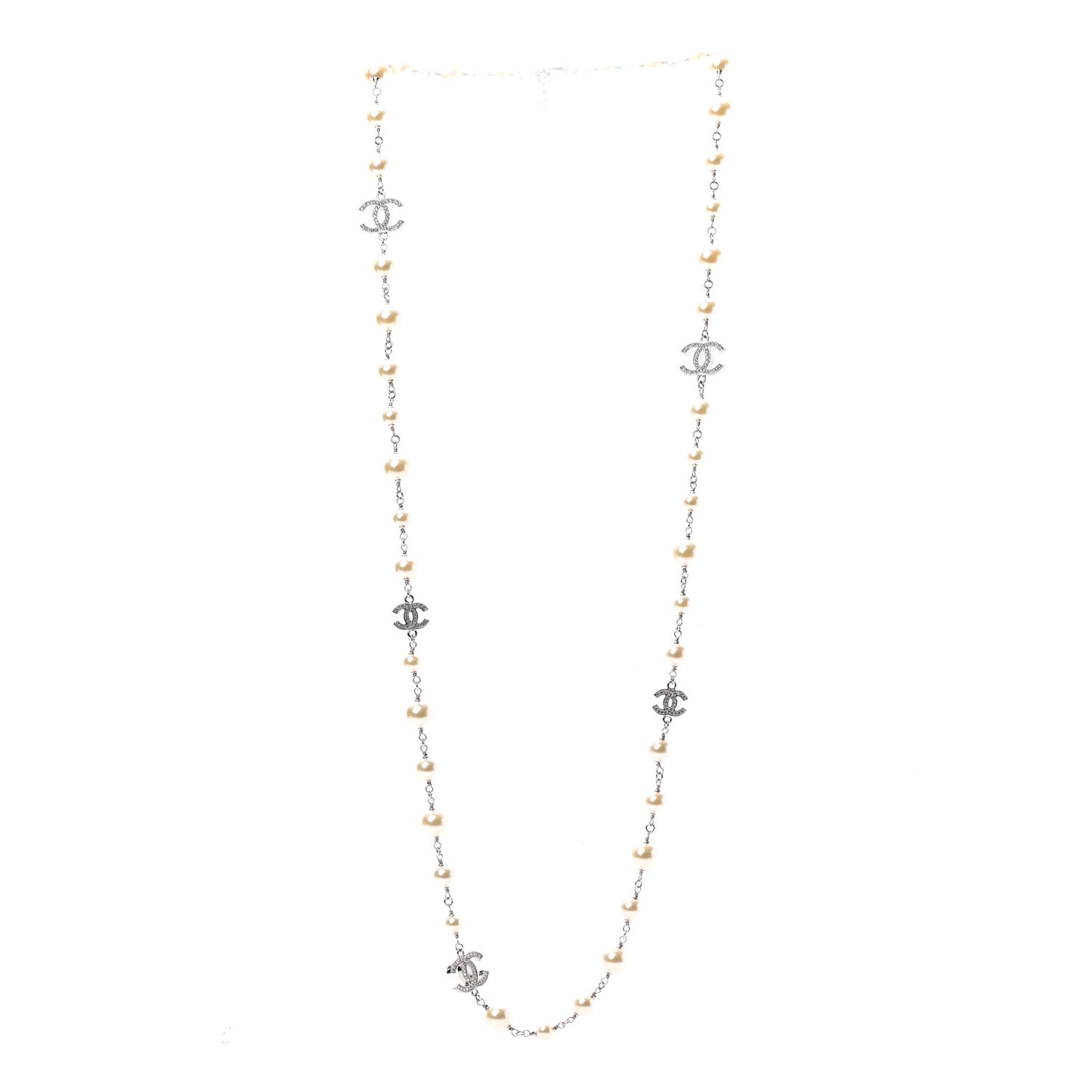 Graduated Pearl Crystal CC Long Necklace Silver