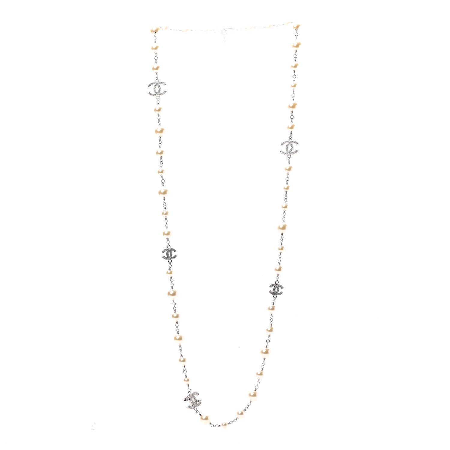 Chanel Graduated Pearl Crystal CC Long Necklace Silver 3 of 5