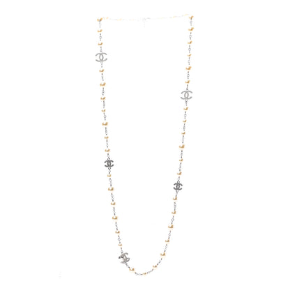 Chanel Graduated Pearl Crystal CC Long Necklace Silver 3 of 5