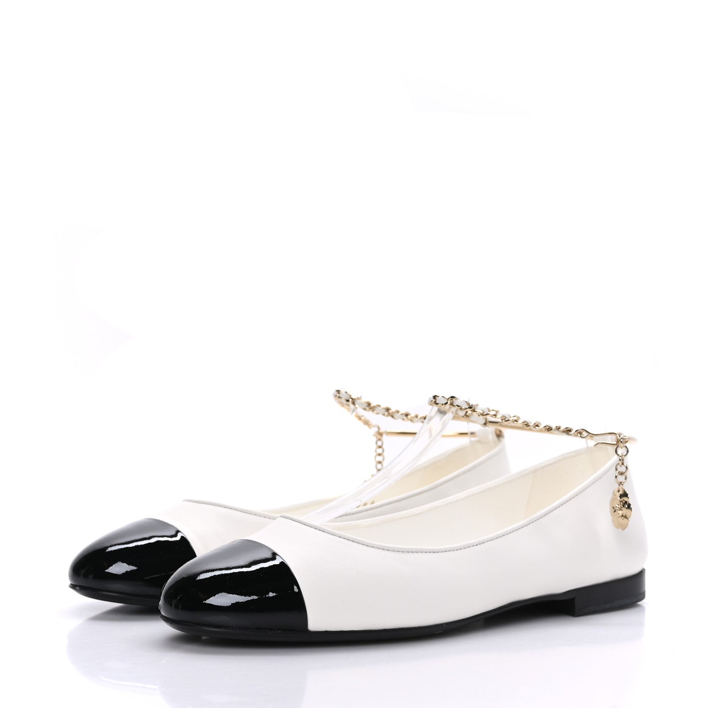 Lambskin Patent Calfskin Cap Toe Ankle Chain Ballerina Flats 38 White Black