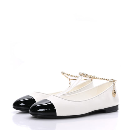 Chanel Lambskin Patent Calfskin Cap Toe Ankle Chain Ballerina Flats 38 White Black 3 of 8