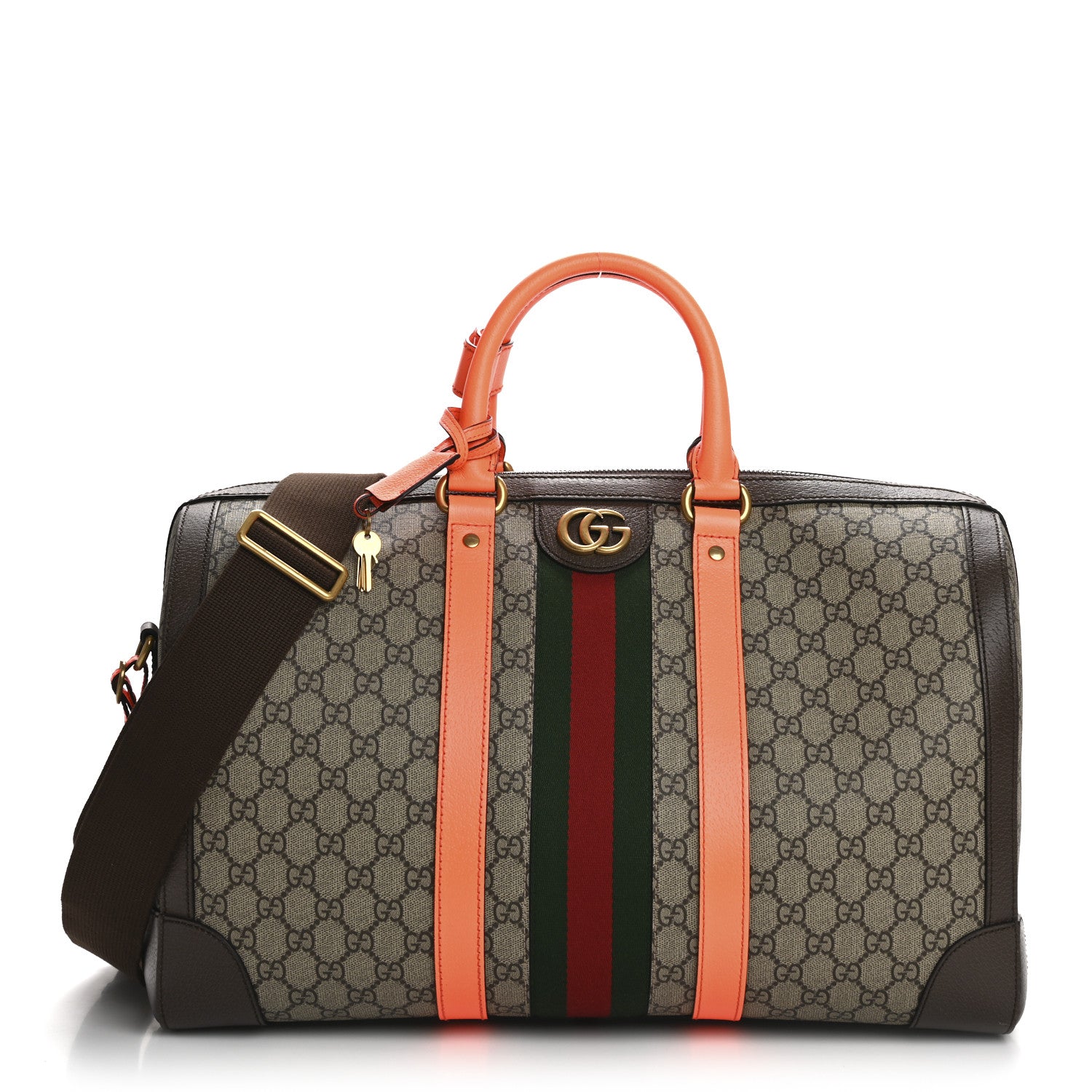 Gucci GG Supreme Monogram Textured Dollar Calfskin Web Medium Savoy Duffle Bag Beige Ebony Fluorescent Orange 1 of 16