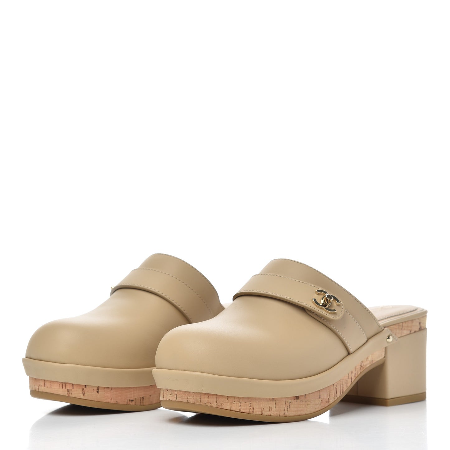 Calfskin CC Turn Lock Clogs 37 Beige