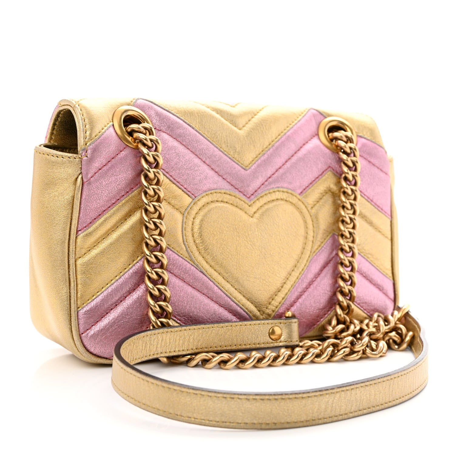 Gucci Metallic Calfskin Matelasse Mini GG Marmont Shoulder Bag Gold Pink 3 of 10