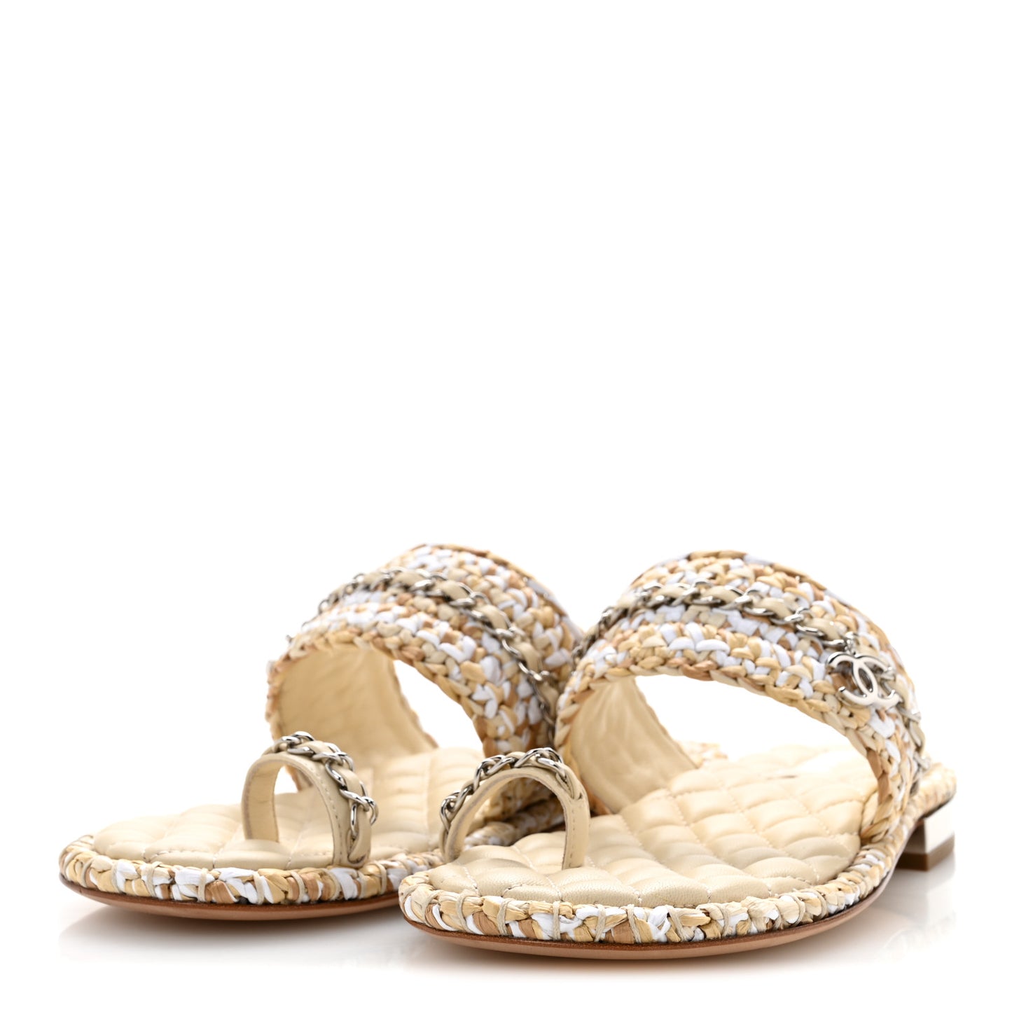 Raffia Lambskin Woven Chain CC Toe Ring Sandals 37 Beige White