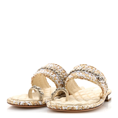 Chanel Raffia Lambskin Woven Chain CC Toe Ring Sandals 37 Beige White 4 of 11