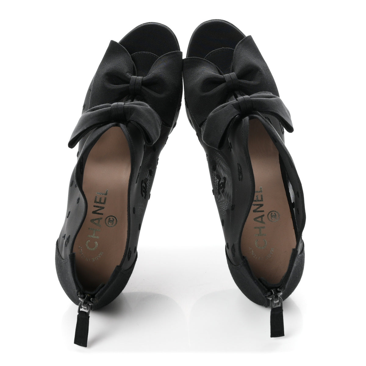 Chanel Mesh Grosgrain Bow Peep Toe Booties 39 Black 2 of 8