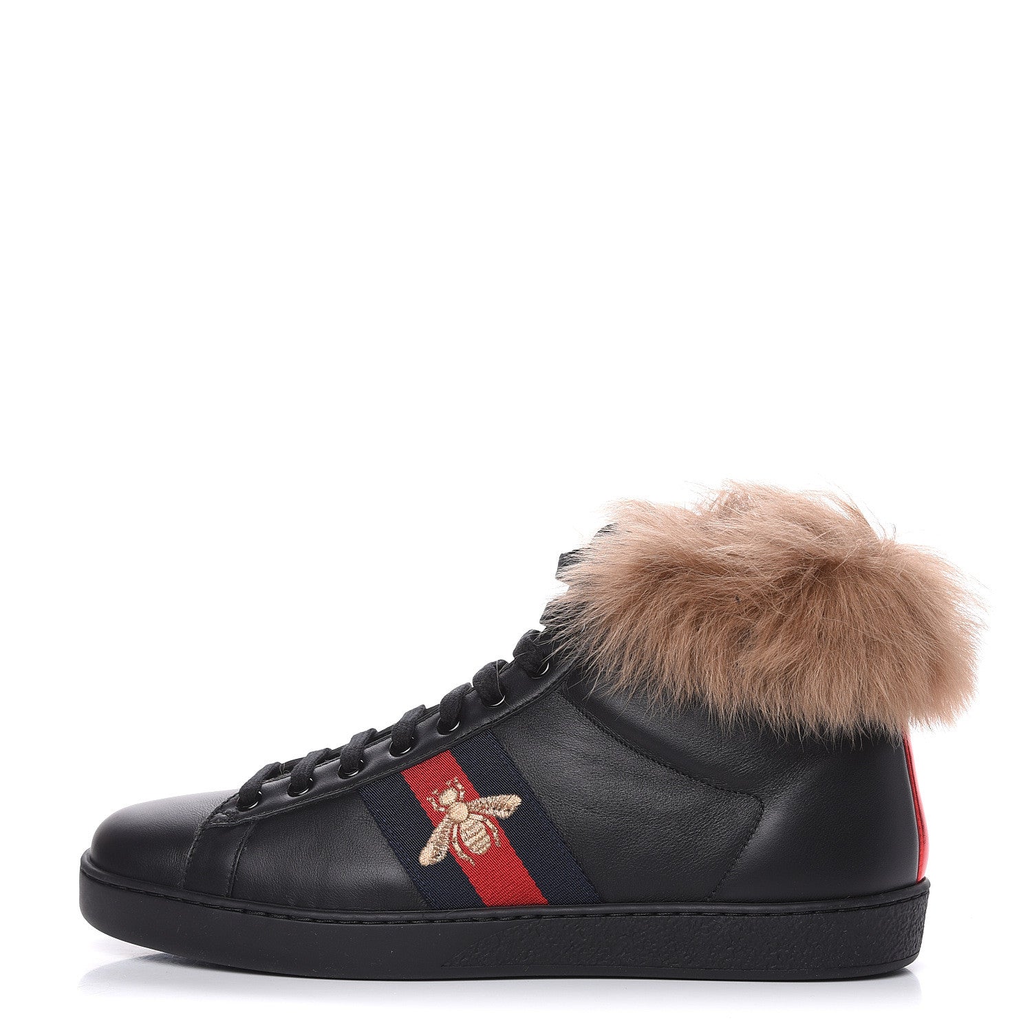 Gucci Calfskin Wool Web Bee Embroidered Mens Ace High Top Sneakers 8.5 Black 1 of 8