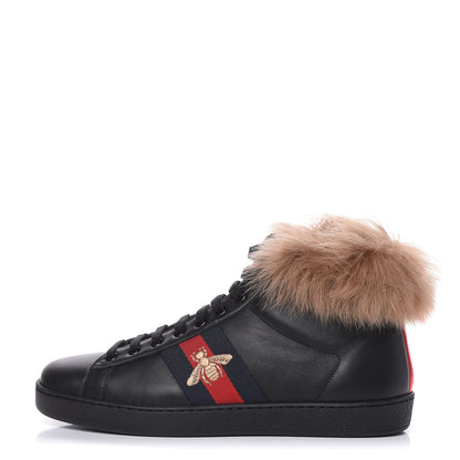 Gucci Calfskin Wool Web Bee Embroidered Mens Ace High Top Sneakers 8.5 Black 1 of 8