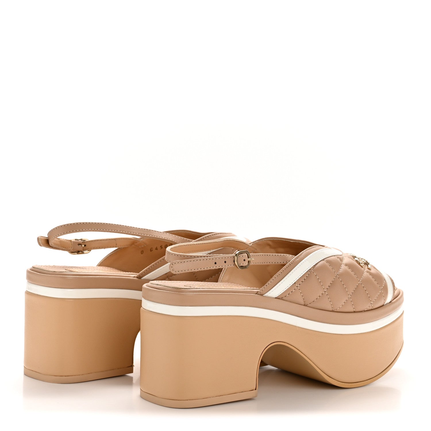Chanel Lambskin Patent Quilted CC Platform Sandals 36 Beige White