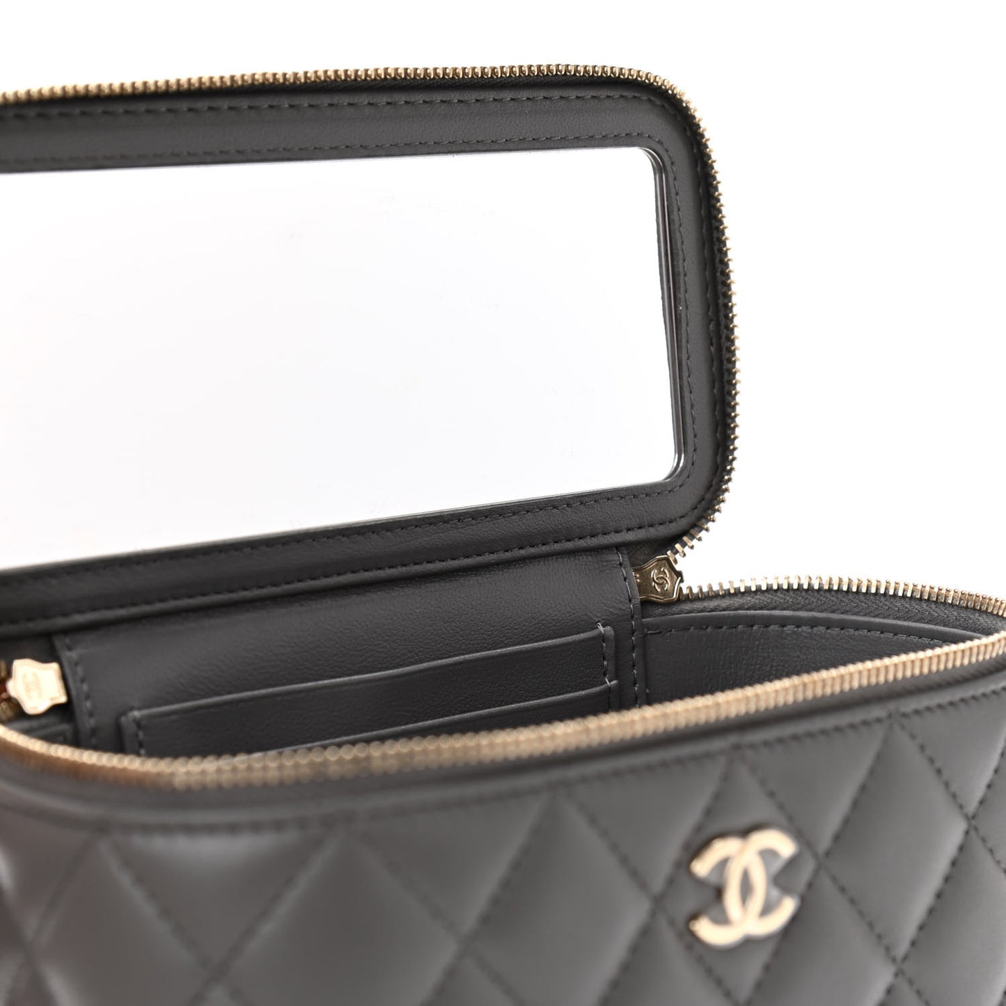 Lambskin Quilted Small Top Handle Vanity Case With Chain Dark Grey