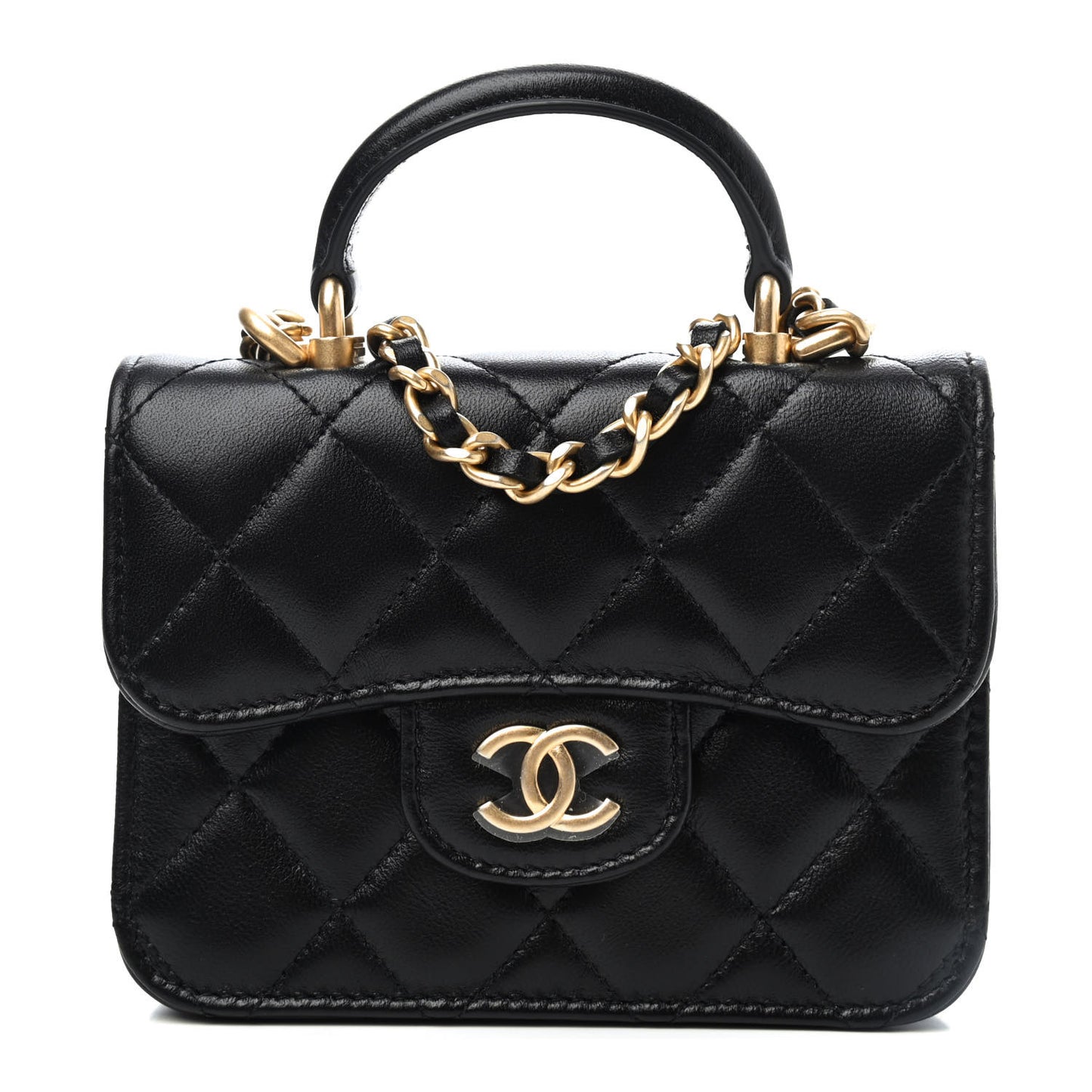 Lambskin Quilted Top Handle Flap Coin Purse With Chain Black