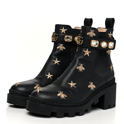 Gucci Calfskin Bee Star Embroidered Belt Ankle Boots 37 Black 3 of 9