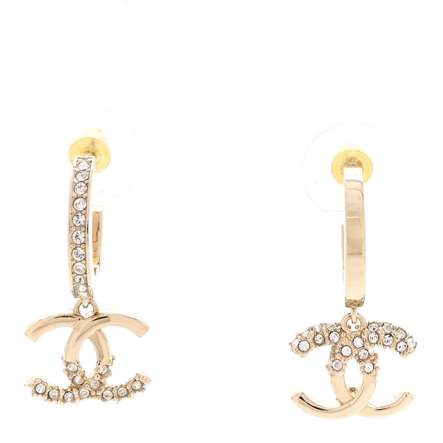 Chanel Crystal Bead CC Hoop Drop Earrings Light Gold 1 of 5