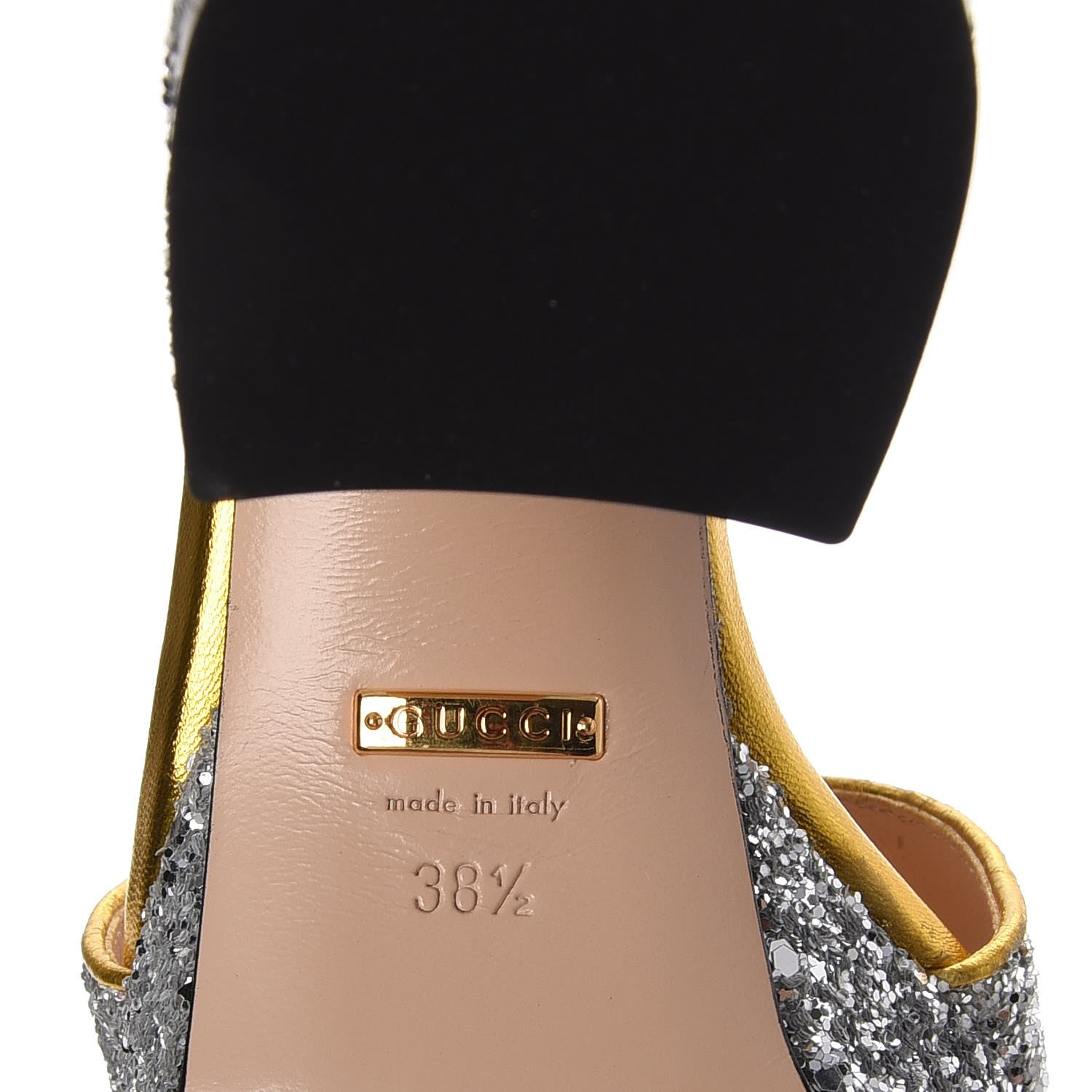 Gucci Glitter Soko Bee Platform Mid Heel Sandals 38.5 Argento Oro Vecchio 8 of 10