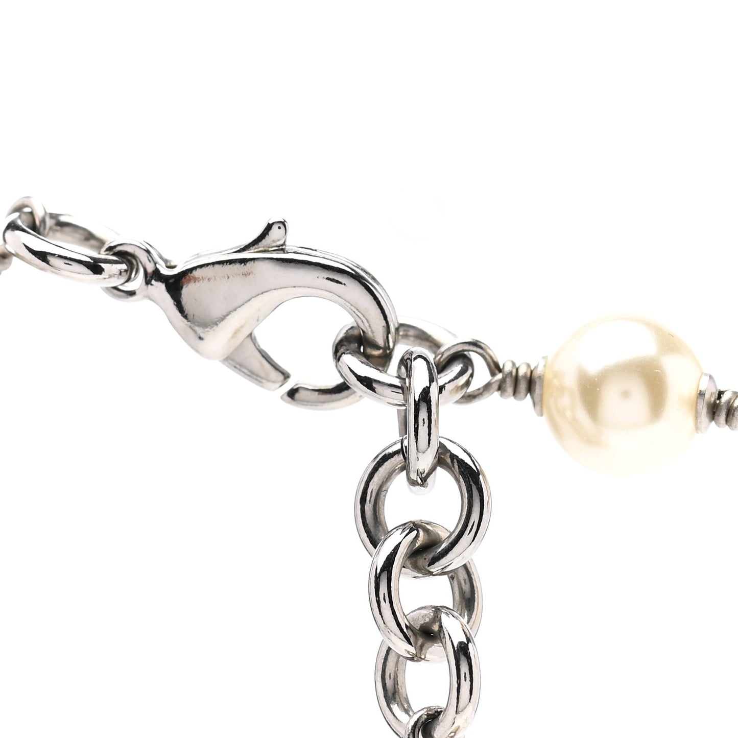 Graduated Pearl Crystal CC Long Necklace Silver