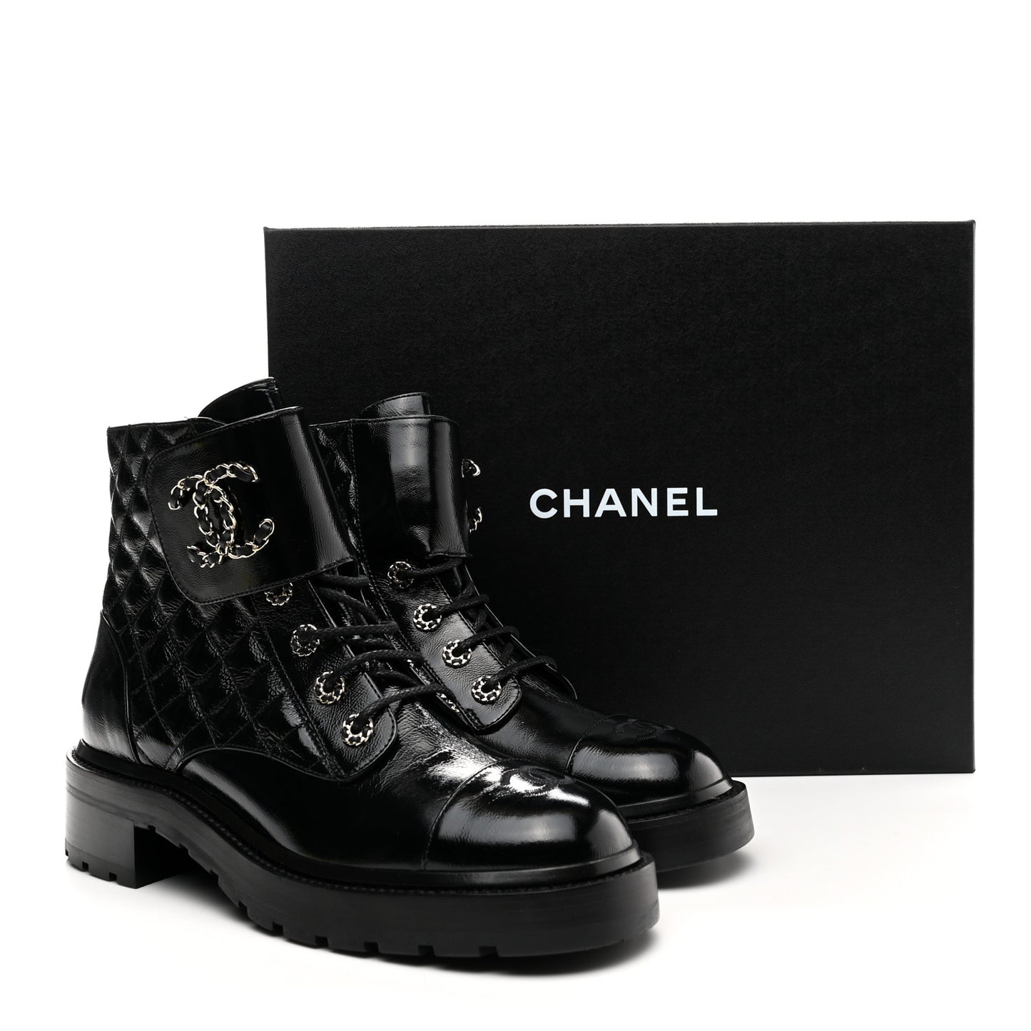 Shiny Calfskin Quilted Lace Up Combat Boots 41 Black