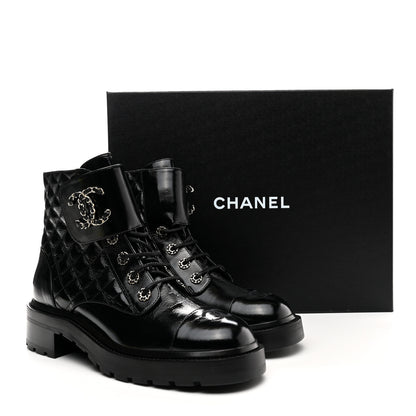 Chanel Shiny Calfskin Quilted Lace Up Combat Boots 41 Black 10 of 10