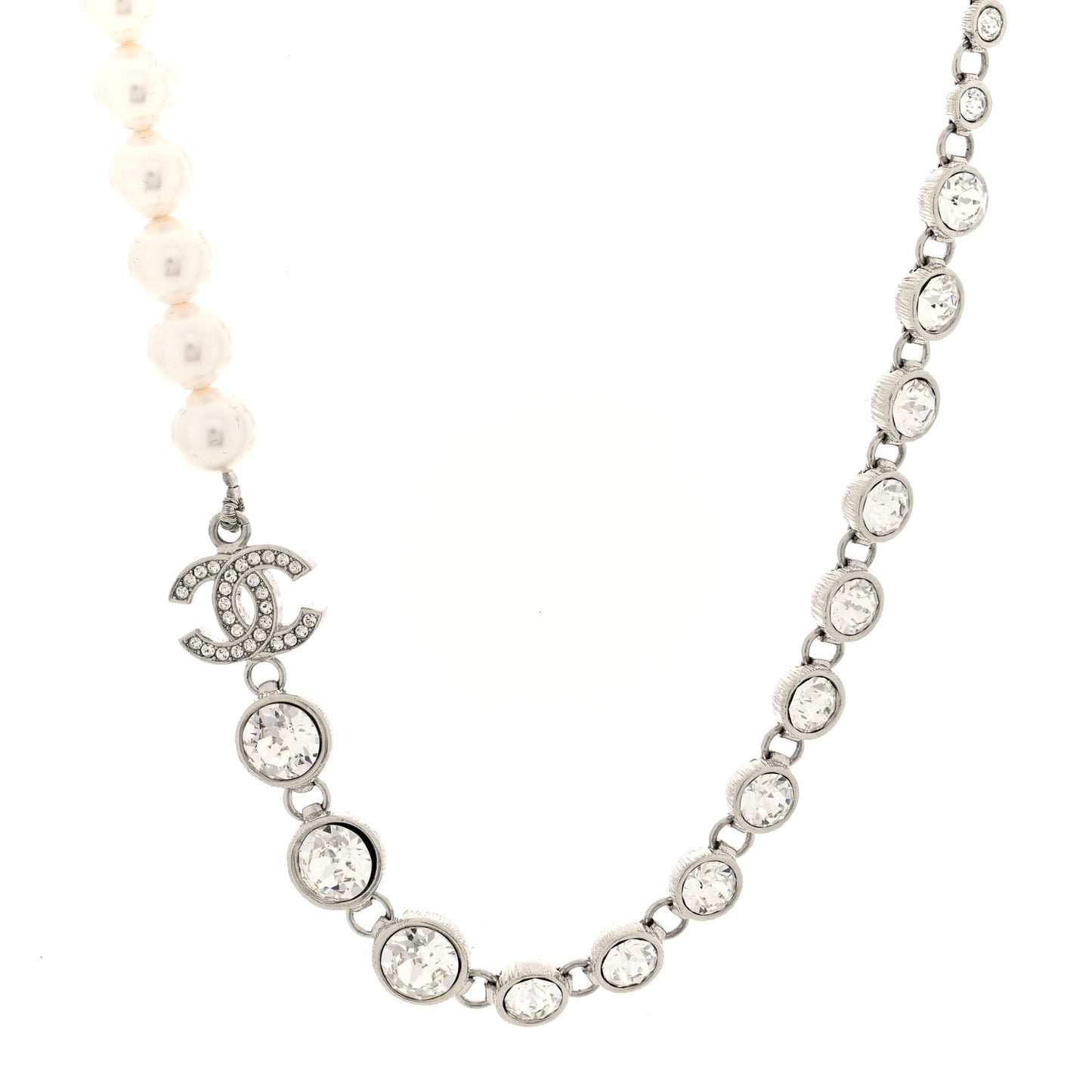 Pearl Crystal CC Choker Necklace Silver